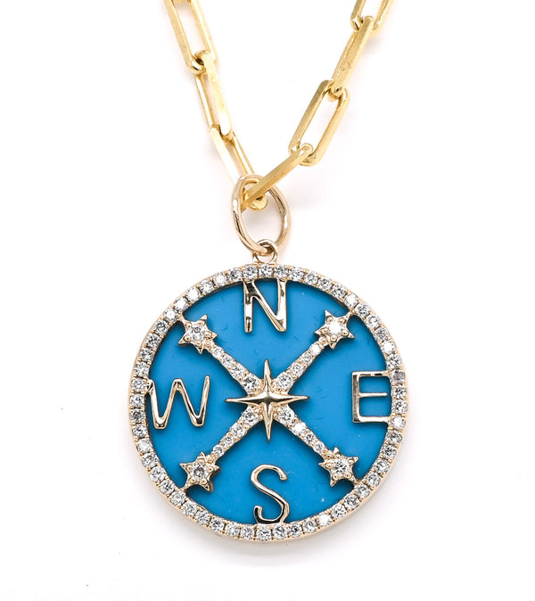graziella 14KT Yellow Gold 17" Turquoise and Diamond Compass Necklace