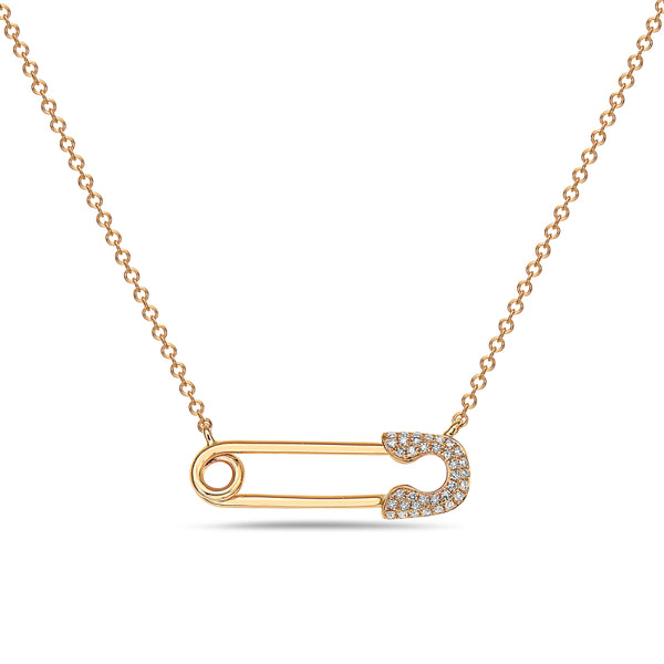 graziella 14KT Yellow Gold 18" 0.08CTW Diamond Safety Pin Necklace