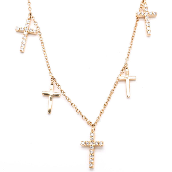 graziella 14KT Yellow Gold 18" 0.14CTW Diamond Multiple Cross Necklace