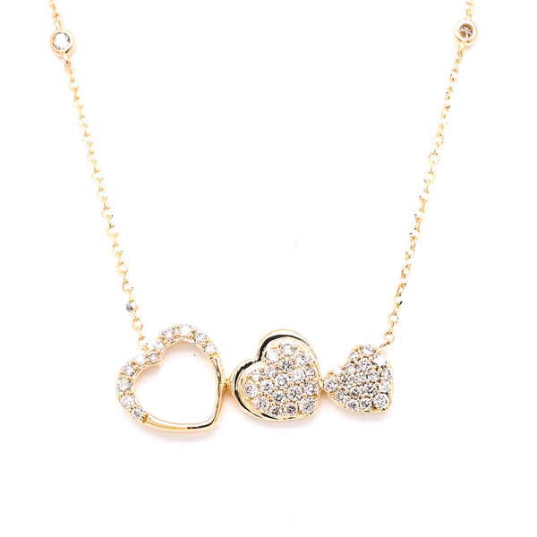 graziella 14KT Yellow Gold 18" 0.35CTW Diamond Triple Heart Necklace