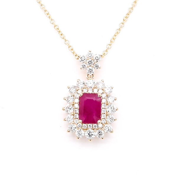 graziella 14KT Yellow Gold 18" 0.93CT Emerald Shape Ruby & Diamond Cluster Neckl