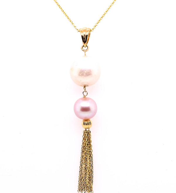 graziella 14KT Yellow Gold 18" 8.5-12mm Pink and White Pearl Tassle Necklace