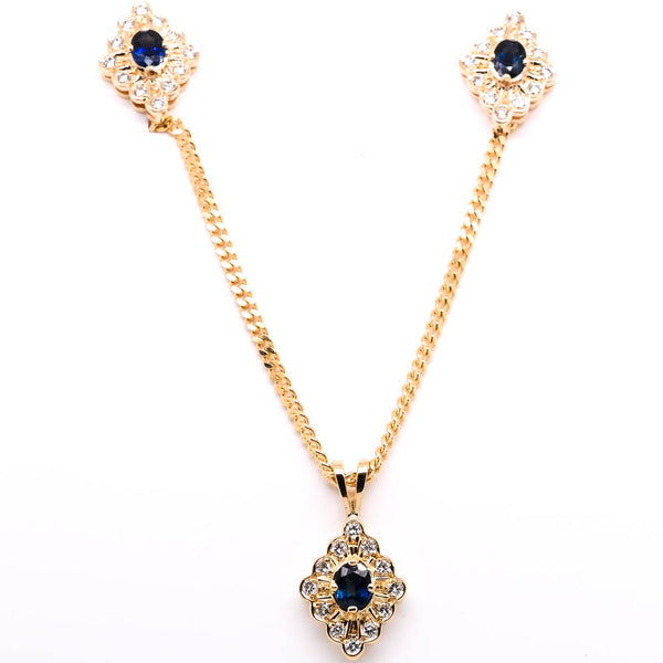 graziella 14KT Yellow Gold 18" Blue Sapphire & Diamond Cluster Necklace & Earrings Set
