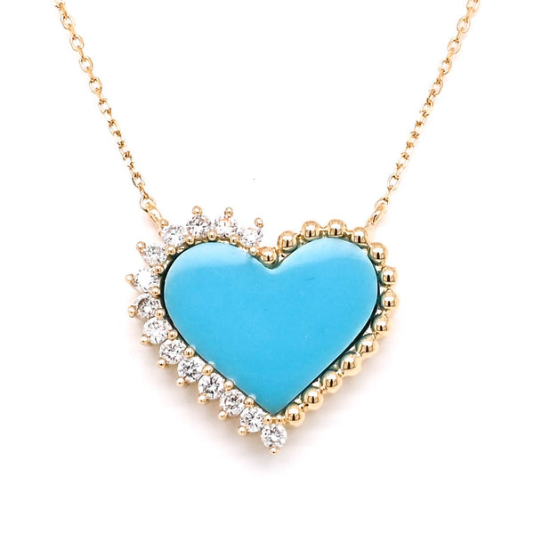 graziella 14KT Yellow Gold 18" Heart shaped Turquoise & Diamond Necklace