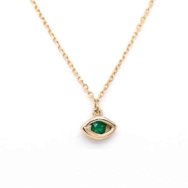 graziella 14KT Yellow Gold 18" Round Shape Emerald Evileye Necklace