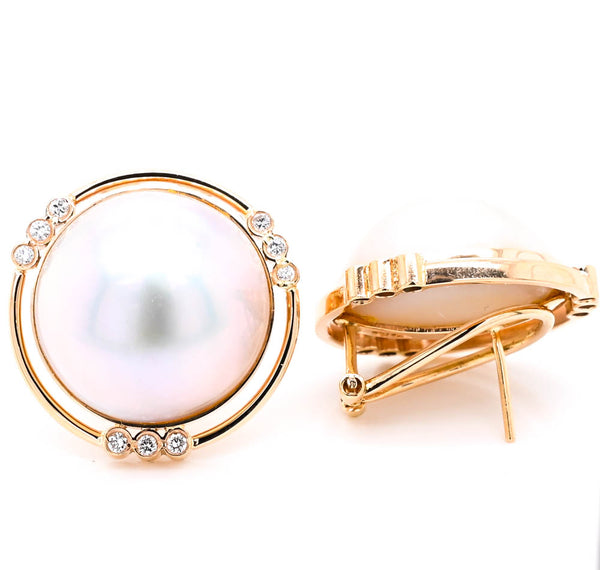 graziella 14KT Yellow Gold 18mm Mabe Pearl and Diamond Stud Earrings