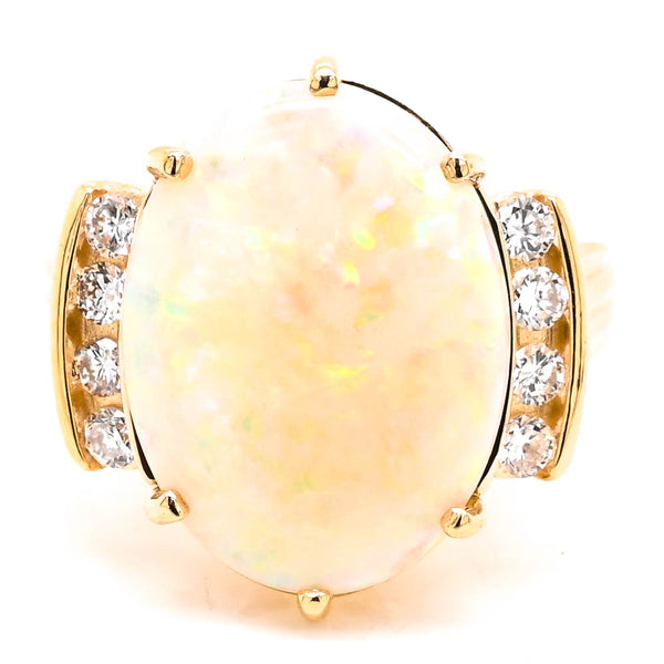 graziella 14KT Yellow Gold 3.83CT Oval Shape Cabachon Opal & Diamond Ring
