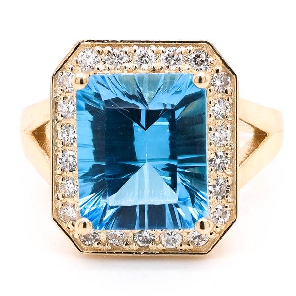 graziella 14KT Yellow Gold 5.50CT Blue Topaz & Diamond Halo Set Ring