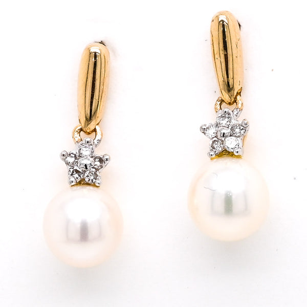 graziella 14KT Yellow Gold 5.5mm Freshwater Pearl & Diamond Drop Earrings