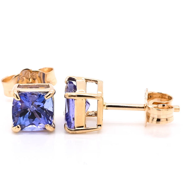graziella 14KT Yellow Gold 5mm Cushion Cut Tanzanite Stud Earrings