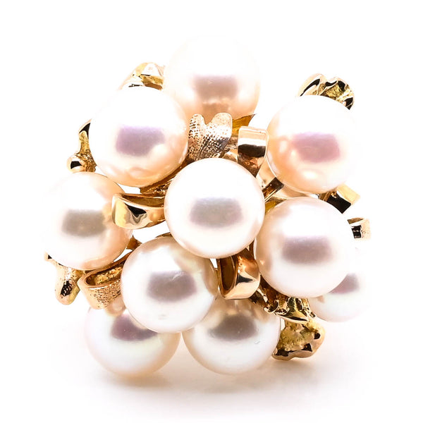 graziella 14KT Yellow Gold 6.8-7mm Akoya Cultured Pearl Cluster Ring