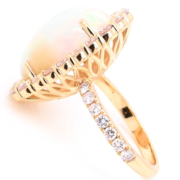 Graziella 14KT Yellow Gold 7.01CT Opal & Fancy Light Pink Diamond Halo Set Ring