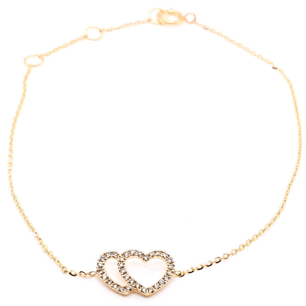 graziella 14KT Yellow Gold 7.5" 0.11CTW Diamond Double Heart Bracelet