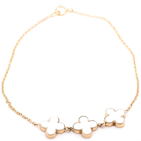 graziella 14KT Yellow Gold 7.75" 3 Stone Mother of Pearl Clover Bracelet