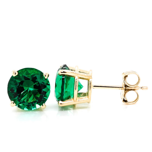 graziella 14KT Yellow Gold 7mm Simulated Green Emerald Stud Earrings