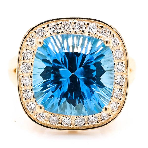 graziella 14KT Yellow Gold 8.40CT Blue Topaz & Diamond Halo Set Ring