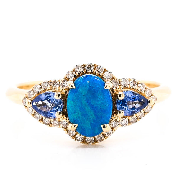 graziella 14KT Yellow Gold Black Dublet Opal Blue Sapphire and Diamond Ring