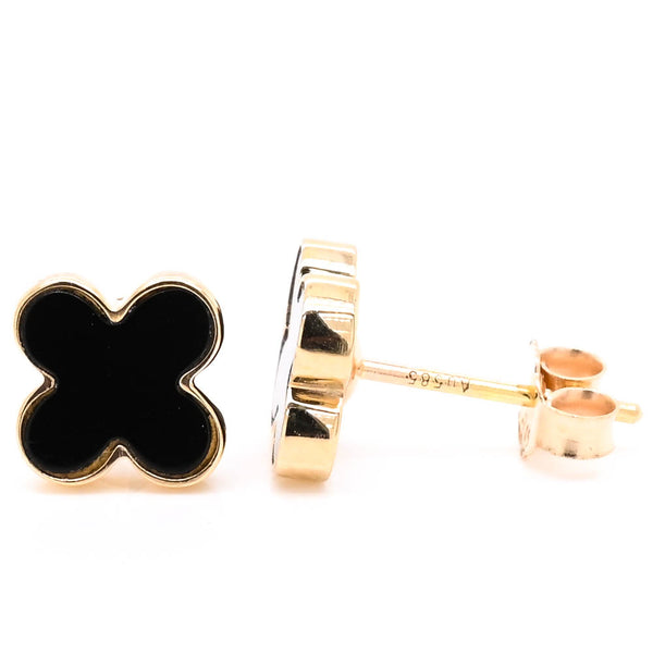 graziella 14KT Yellow Gold Black Onyx Clover Stud Earrings