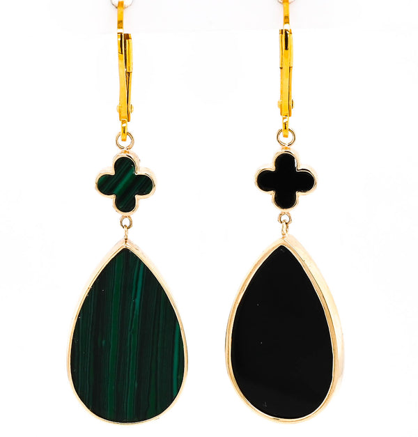 graziella 14KT Yellow Gold Black Onyx & Malachite Reversable Leverback Earrings