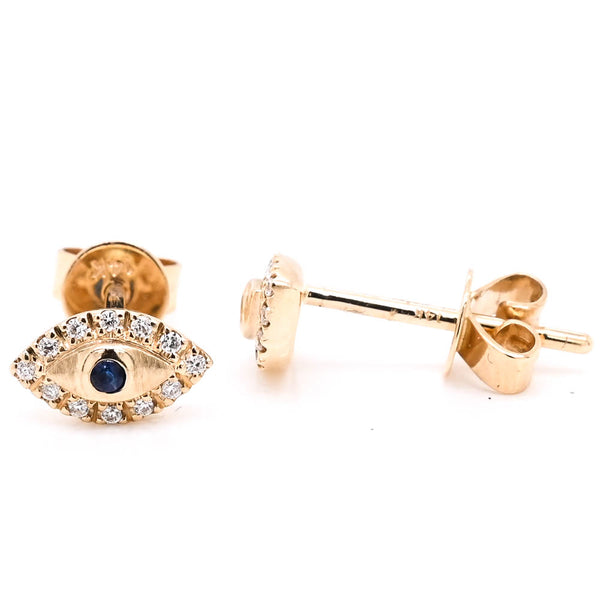 graziella 14KT Yellow Gold Blue Sapphire & Diamind Evileye Stud Earrings