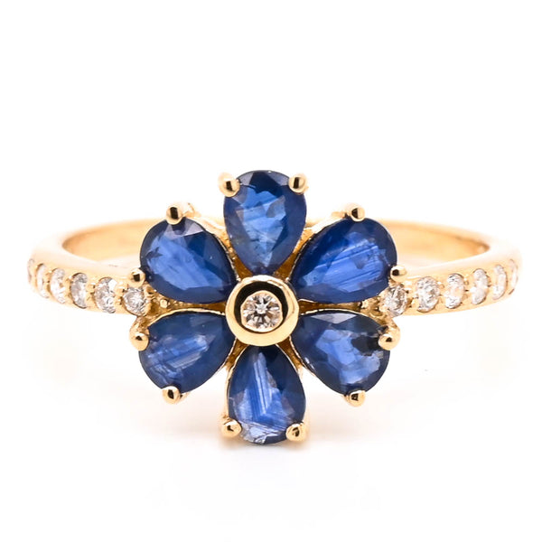 graziella 14KT Yellow Gold Blue Sapphire & Diamond Flower Ring
