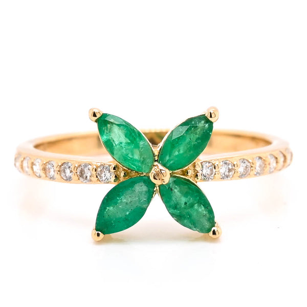graziella 14KT Yellow Gold Emerald & Diamond Flower Ring