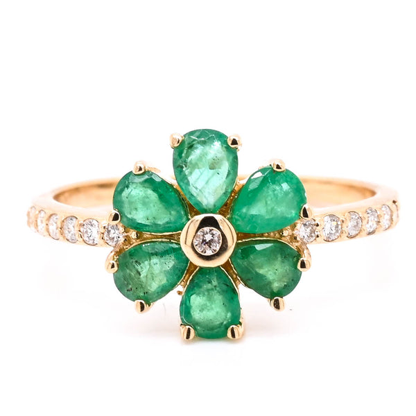 graziella 14KT Yellow Gold Emerld & Diamond Flower Ring