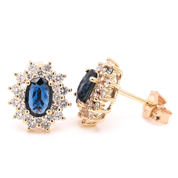 graziella 14KT Yellow Gold Oval Shape Blue Sapphire & Diamond Stud Earrings