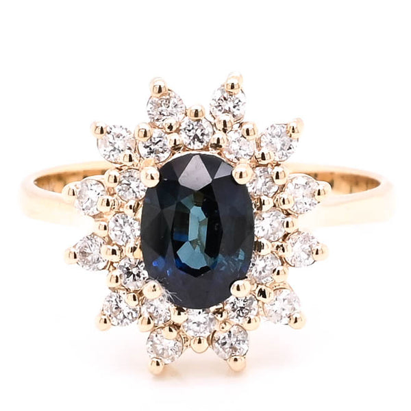graziella 14KT Yellow Gold Oval shape Blue Sapphire & Diamond Cluster Ring