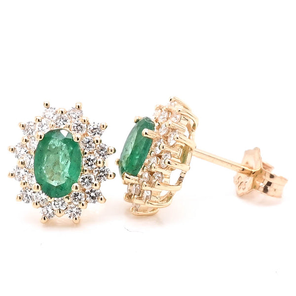 graziella 14KT Yellow Gold Oval Shape Emerald & Diamond Stud Earrings