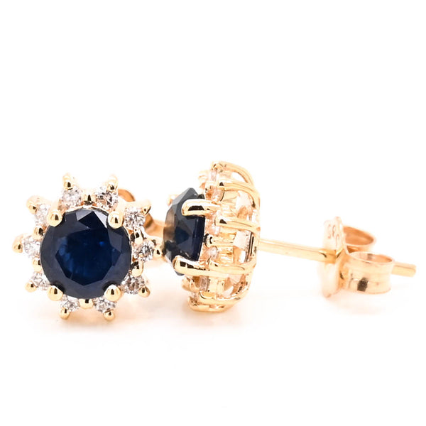 graziella 14KT Yellow Gold Round Brilliant Blue Sapphire & Diamond Cluster Earrings