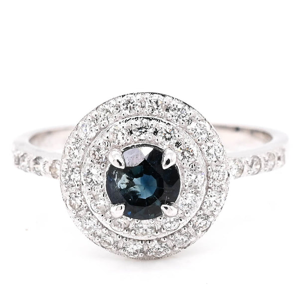 graziella 14KT Yellow Gold Round Brilliant Blue Sapphire Double Halo Set Ring