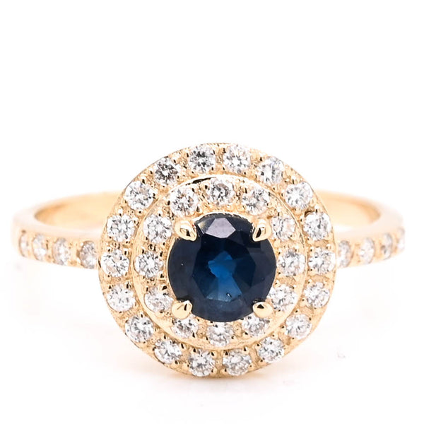 graziella 14KT Yellow Gold Round Brilliant Blue Sapphire Double Halo Set Ring