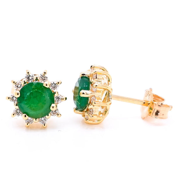 graziella 14KT Yellow Gold Round Brilliant Emerald & Diamond Cluster Earrings