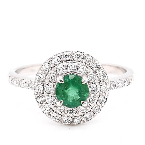 graziella 14KT Yellow Gold Round Brilliant Emerald & Diamond Double Halo Set Ring