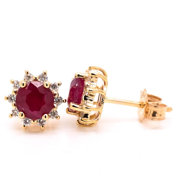 graziella 14KT Yellow Gold Round Brilliant Ruby & Diamond Cluster Earrings