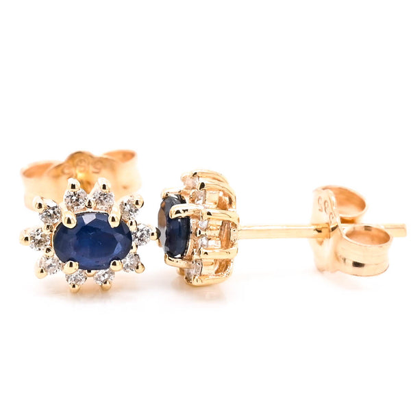 graziella 14KT Yellow Oval Shape Blue Sapphire& Diamond Stud Earrings