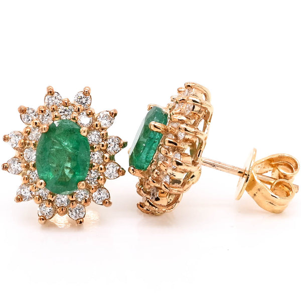 graziella 14KT Yellow Oval Shape Emerald & Diamond Cluster Stud Earrings