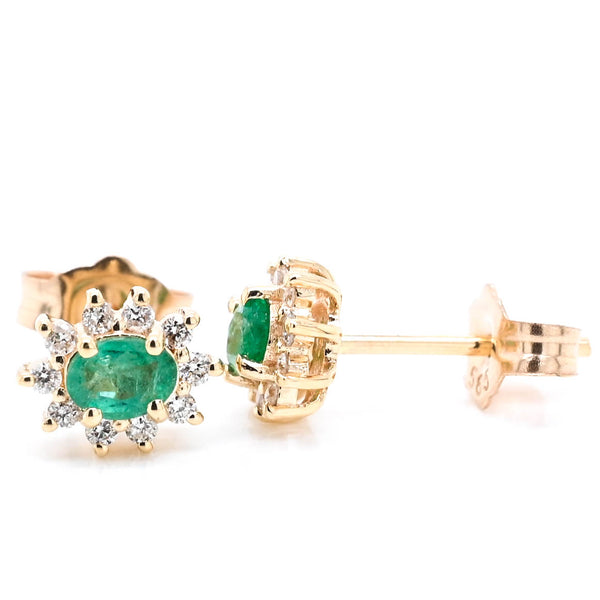 graziella 14KT Yellow Oval Shape Green Emerald & Diamond Stud Earrings