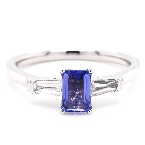 graziella 18KT White Gold 0.55CT Emerald Shape Tanzanite and Diamond Ring