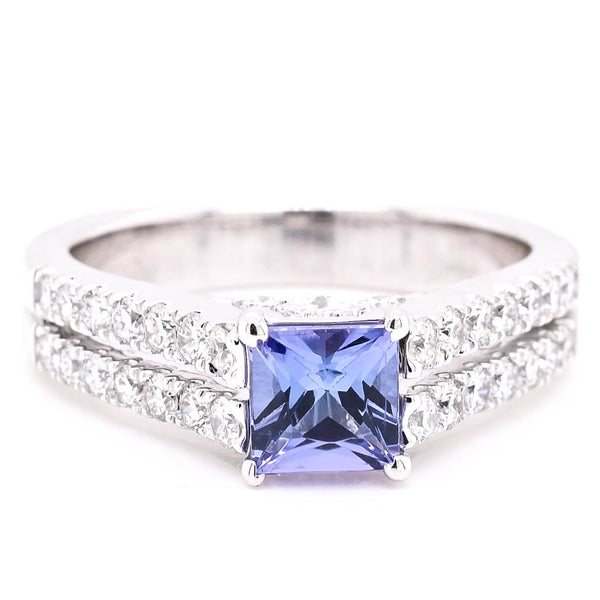 graziella 18KT White Gold 0.60CT Princess Cut Tanzanite & Diamond Accent Ring