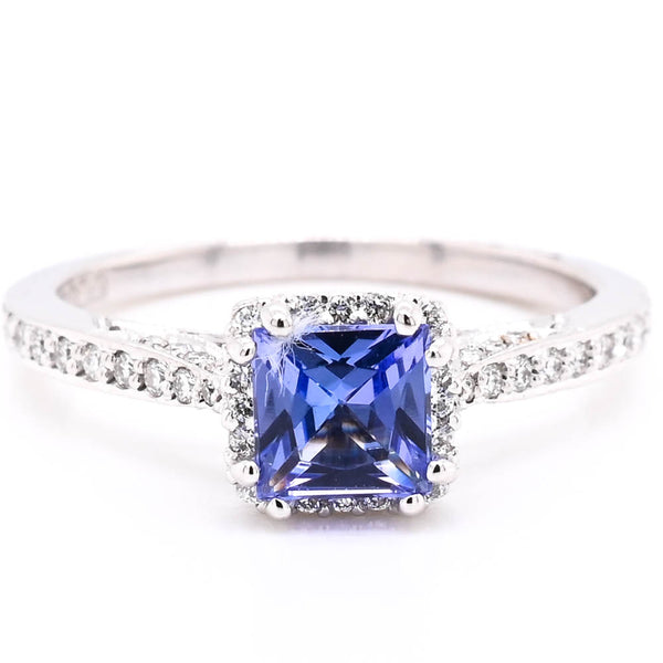 graziella 18KT White Gold 0.66CT Princess Cut Tanzanite & Diamond Tacori Halo Set Ring