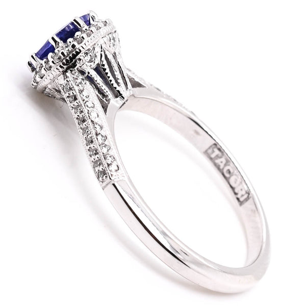 Graziella 18KT White Gold 0.95CT Round Brilliant Tanzanite & Diamond Halo Set Tacori Ring