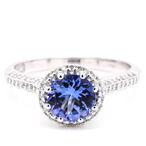 graziella 18KT White Gold 0.95CT Round Brilliant Tanzanite & Diamond Halo Set Tacori Ring