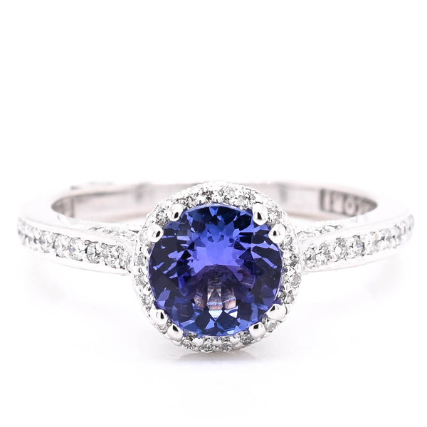 graziella 18KT White Gold 1.02CT Round Brilliant Tanzanite & Diamond Halo Set Ring