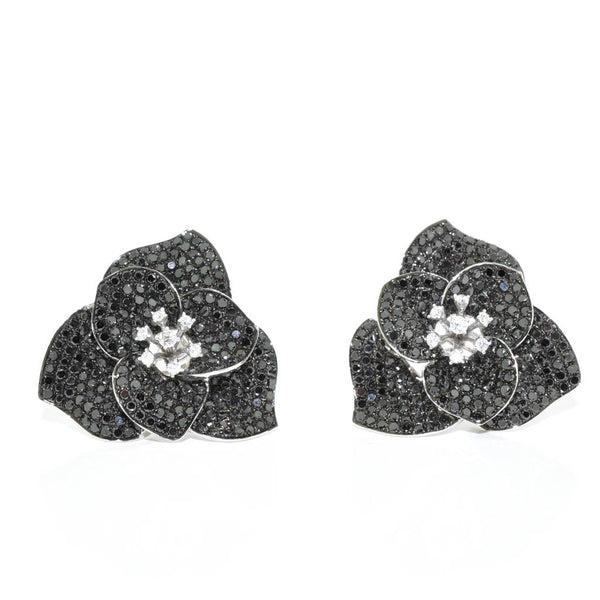 graziella 18KT White Gold 5.66ctw Black & White Diamond Flower Earrings