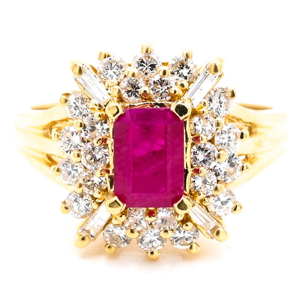 Graziella 18KT Yellow Gold 1.15CT Emerald Shape Ruby & Diamond Cluster Ring