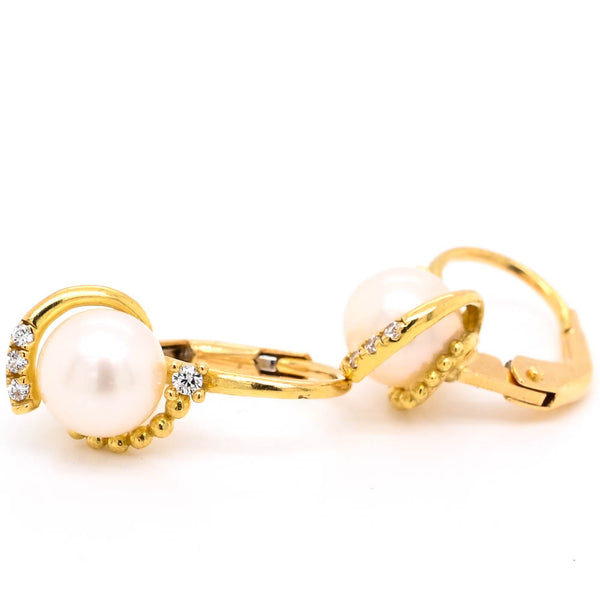 graziella 18KT Yellow Gold 7-7.5mm Pearl & C.Z Leverback Earrings