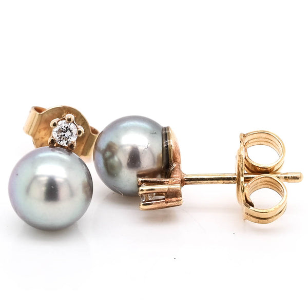 graziella 18KT Yellow Gold 7-7.5mm Pearl & C.Z Stud Earrings