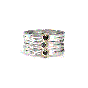 graziella Alluere Meditation Ring. Sterling Silver 9KT Yellow Gold and Black Diamonds. Size 7